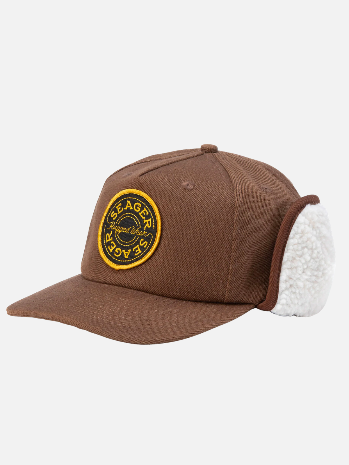 seager caliber cotton flapjack winter sherpa hat cotton canvas brown white gold yellow black brand patch kempt athens ga georgia men's clothing store