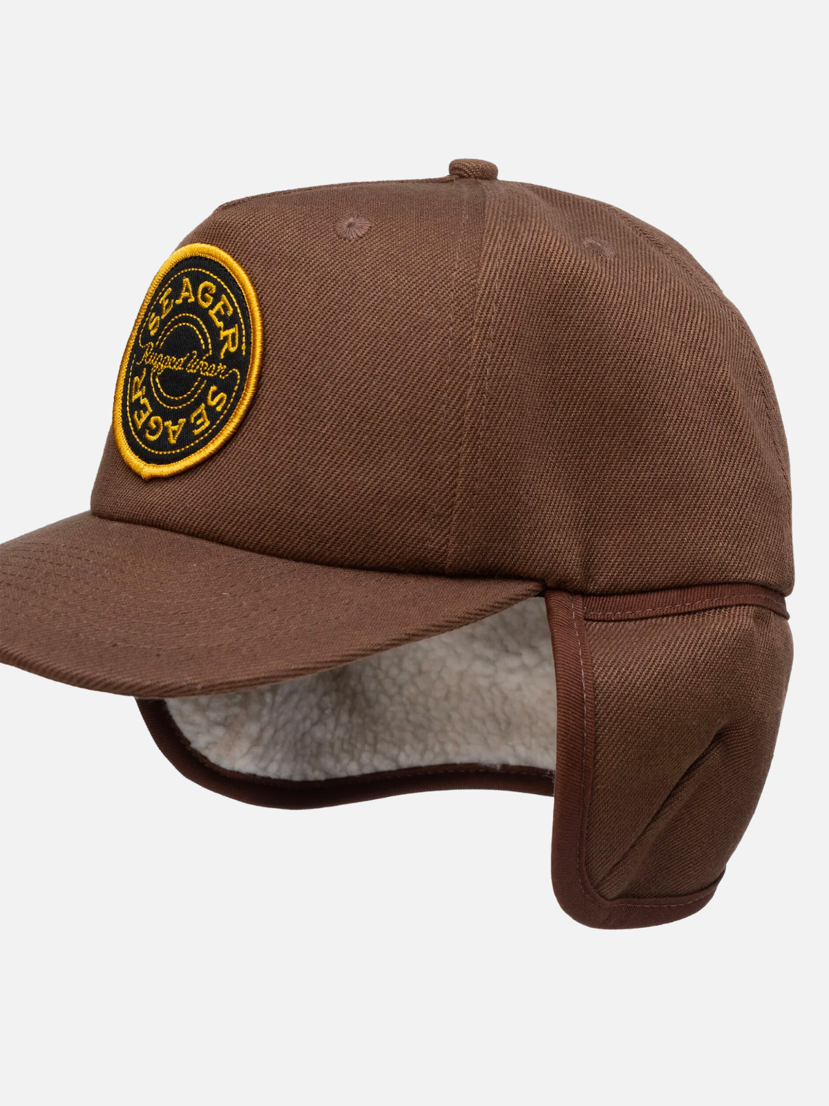 seager caliber cotton flapjack winter sherpa hat cotton canvas brown white gold yellow black brand patch kempt athens ga georgia men's clothing store