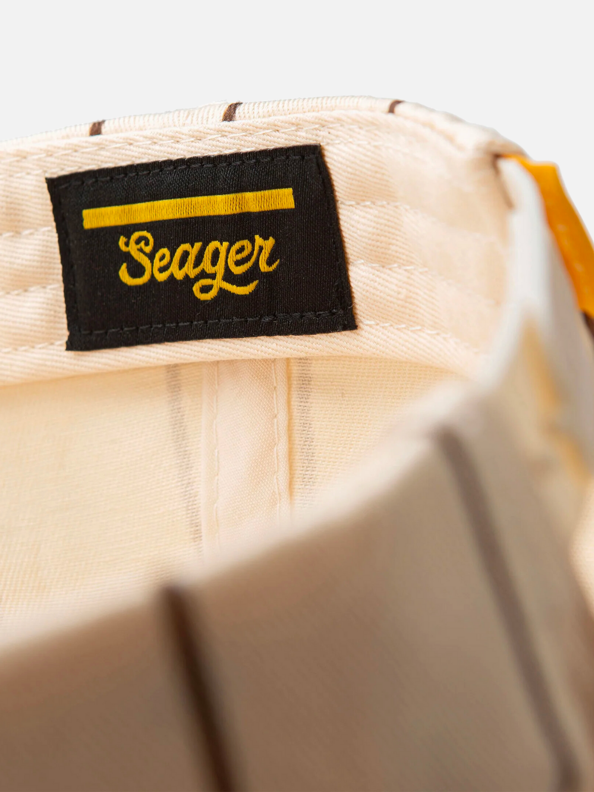 seager brand logo pinstripe snapback brown cream tan yellow gold high profile cotton baseball cap hat kempt athens ga georgia men's clothing store