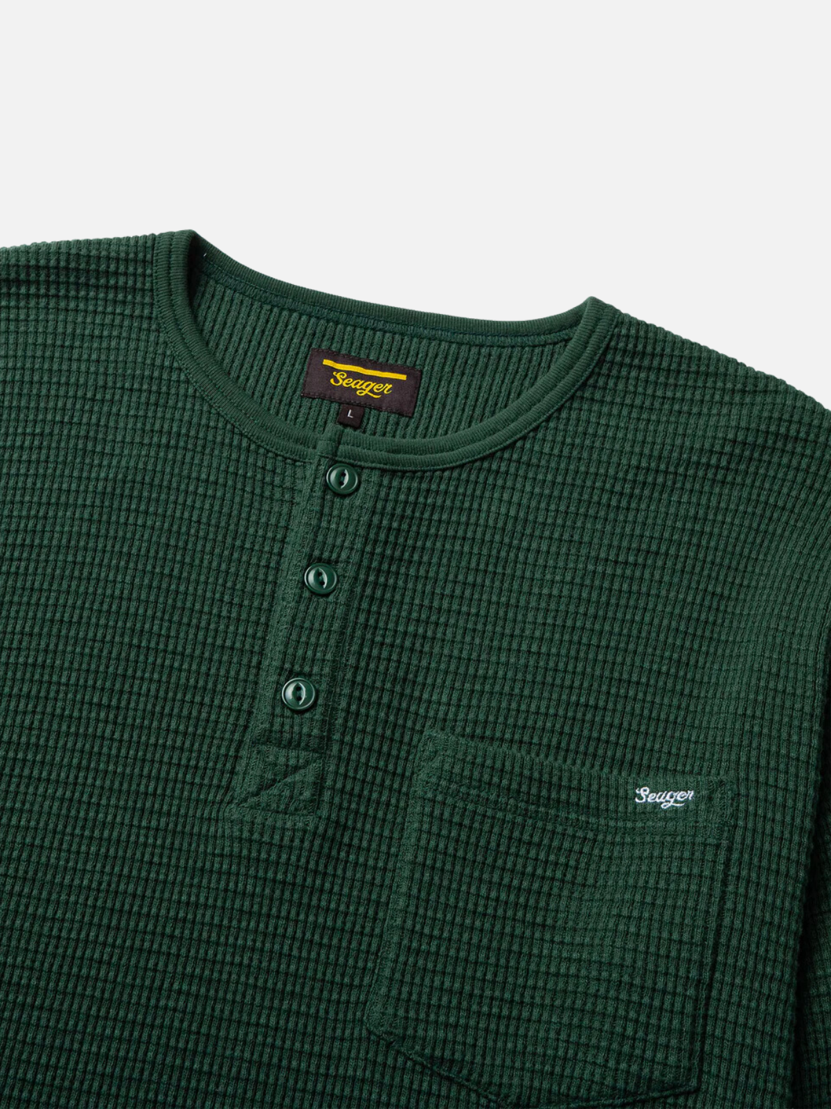 seager sawpit henley dark green waffle knit ls long sleeve thermal shirt kempt athens ga georgia men's clothing store