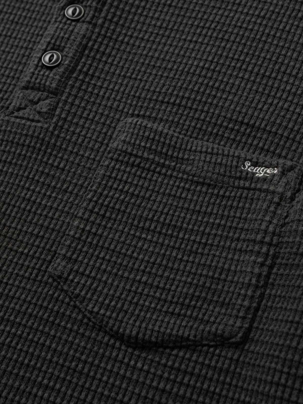 seager sawpit henley vintage black white brand embroidery on pocket waffle knit thermal ls long sleeve shirt kempt athens ga georgia men's clothing store