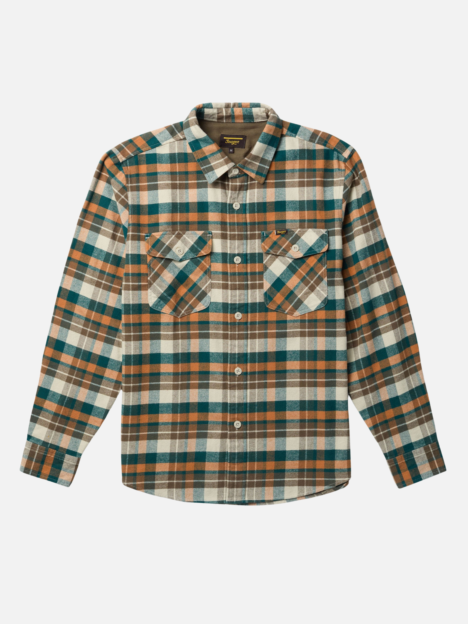 Seager Calico Flannel Button Up LS Long Sleeve Men’s Top Olive Harvest Multicolor Green Orange Mix Front Pockets Athens Ga Georgia Kempt Menswear Store Near Me