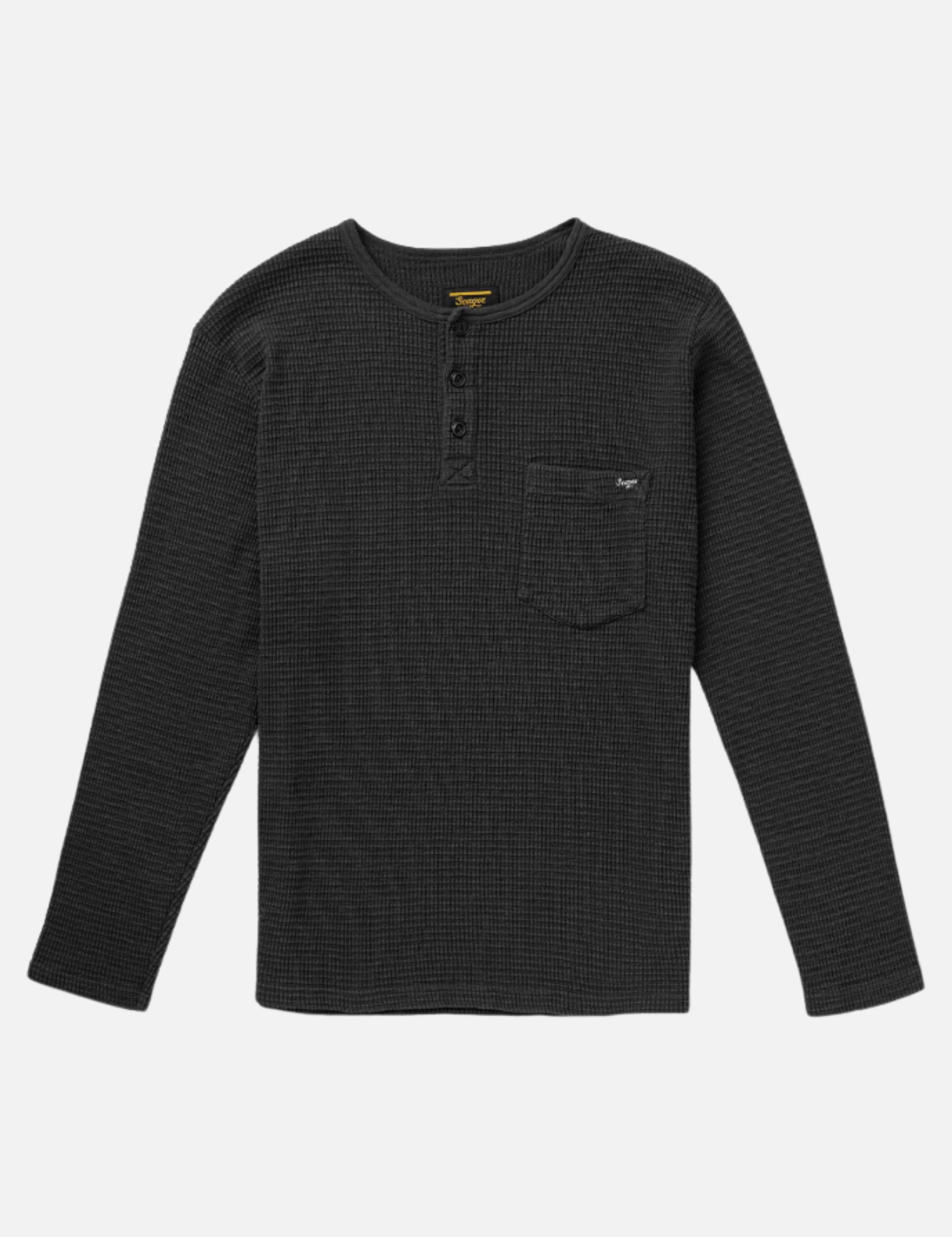 Seager Sawpit Henley LS Long Sleeve Thermal Shirt Men’s Fall Winter Tops for Men Vintage Black Washed Front Pocket Texture Athens GA Georgia Kempt Menswear Store Near Me