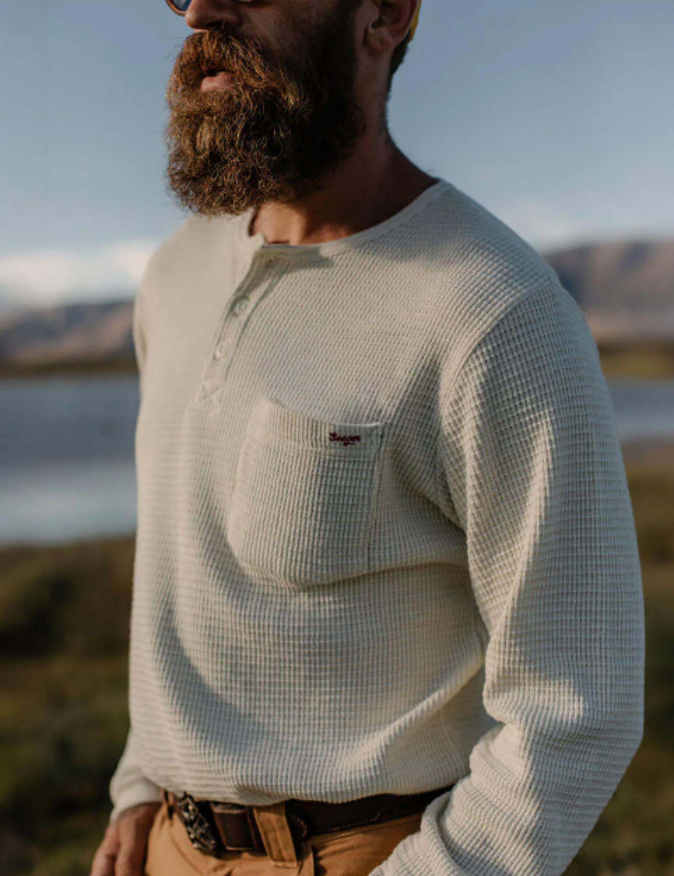 Seager Sawpit Henley LS Long Sleeve Thermal Shirt Men’s Fall Winter Tops for Men Vintage Black Washed Front Pocket Texture Athens GA Georgia Kempt Menswear Store Near Me