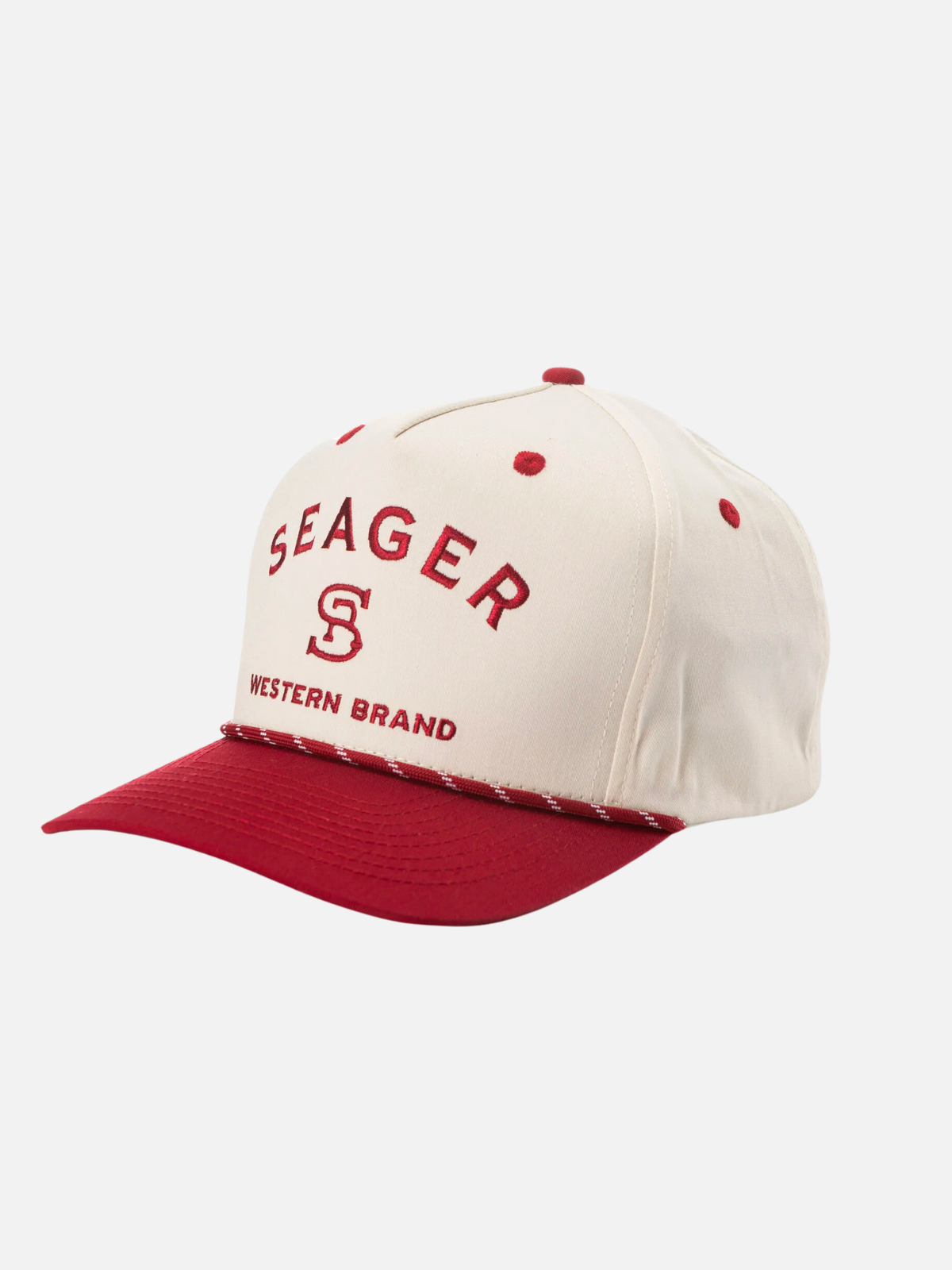 seager branded snapback trucker hat cotton polyester blend maroon red cream embroidered design kempt athens ga georgia men's clothing store