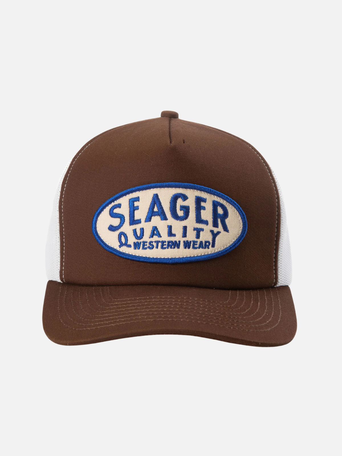 seager old town snapback mesh backed trucker hat brown blue cream white nylon cotton blend kempt athens ga georgia men's clothing store