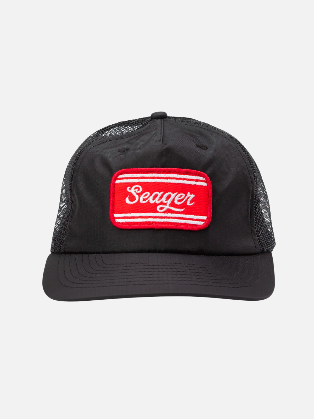 seager whitewater nylon mesh snapback trucker hat black red embroidered patch kempt athens ga georgia men's clothing store