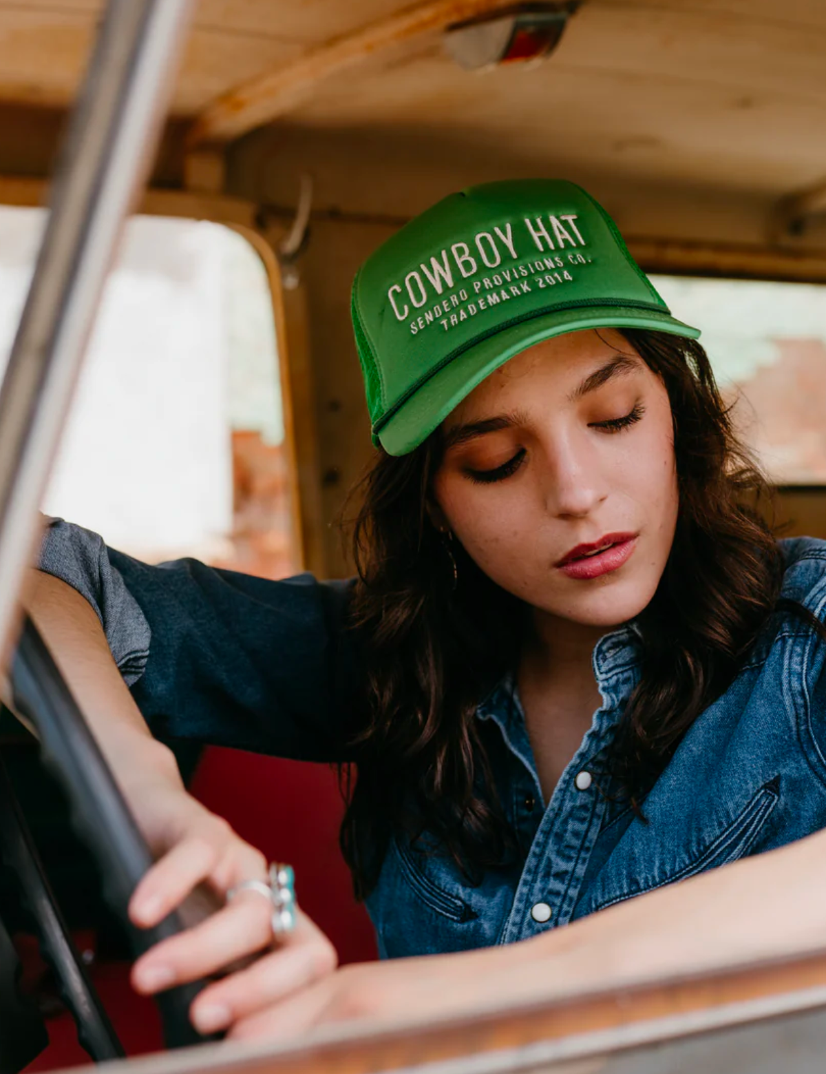 sendero provisions co cowboy foam trucker hat snapback kelly green white lettering embroidered design kempt athens ga georgia men's clothing store