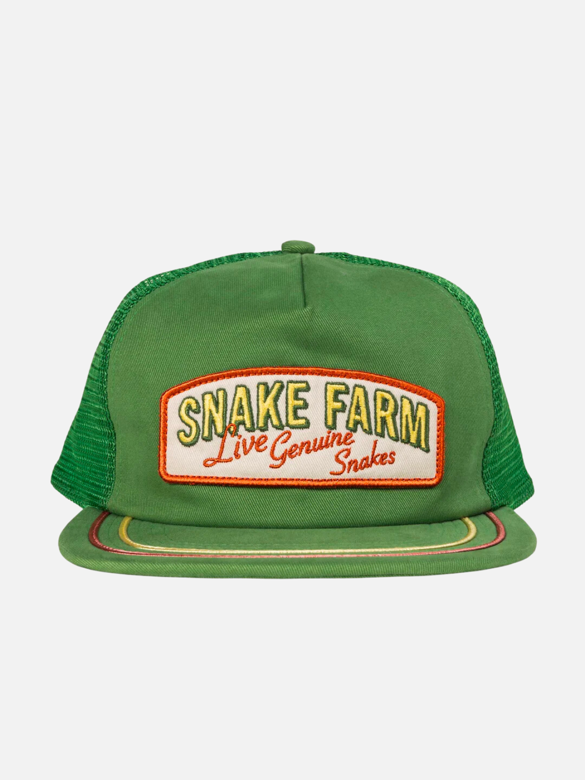 sendero snake farm hat embroidered patch trucker cap mesh backing green yellow white red kempt athens ga georgia men's clothing store