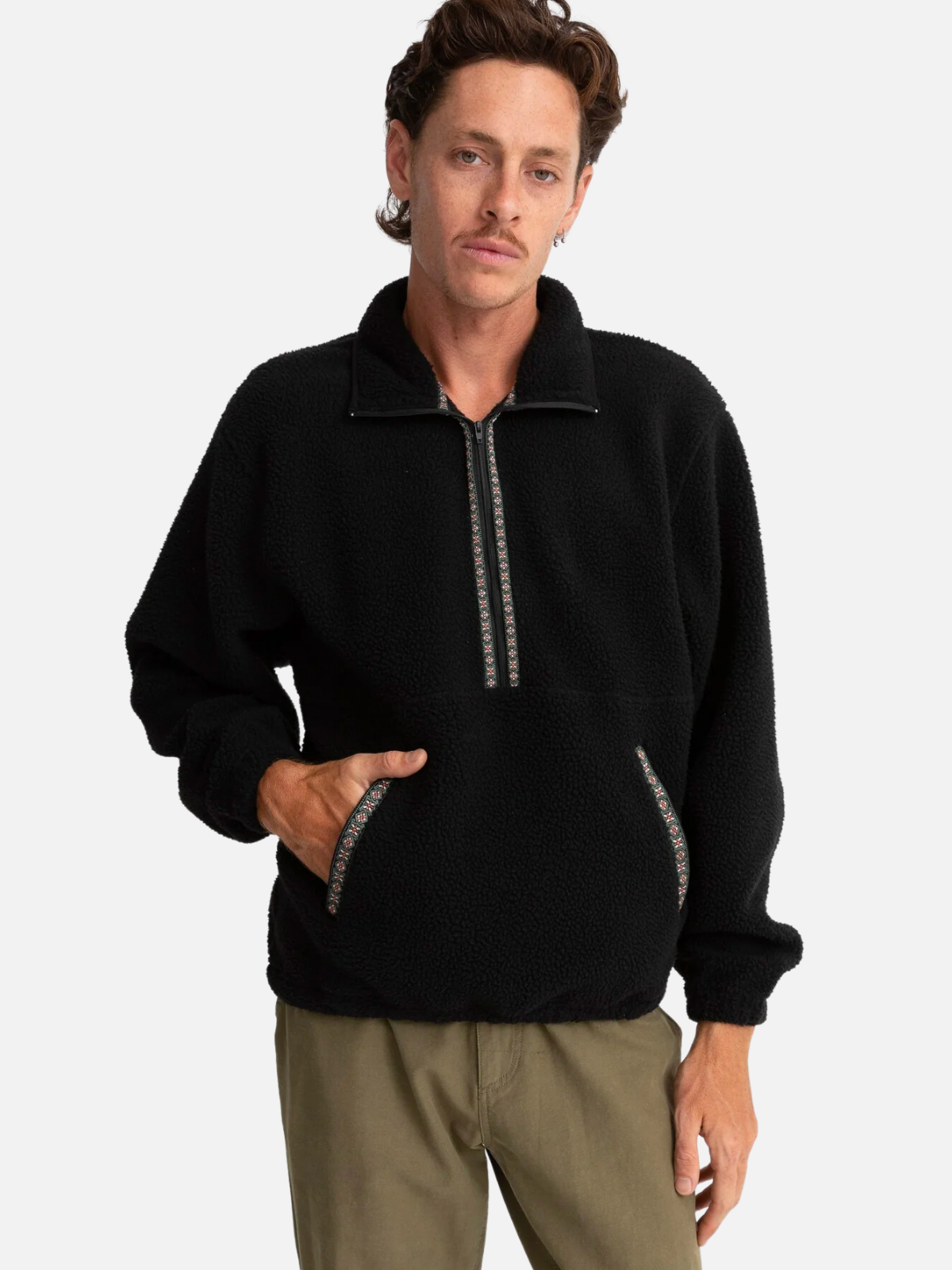rhythm sherpa pullover halfzip black polyester fleece kangaroo pockets embroidered details kempt athens ga georgia men's clothing store