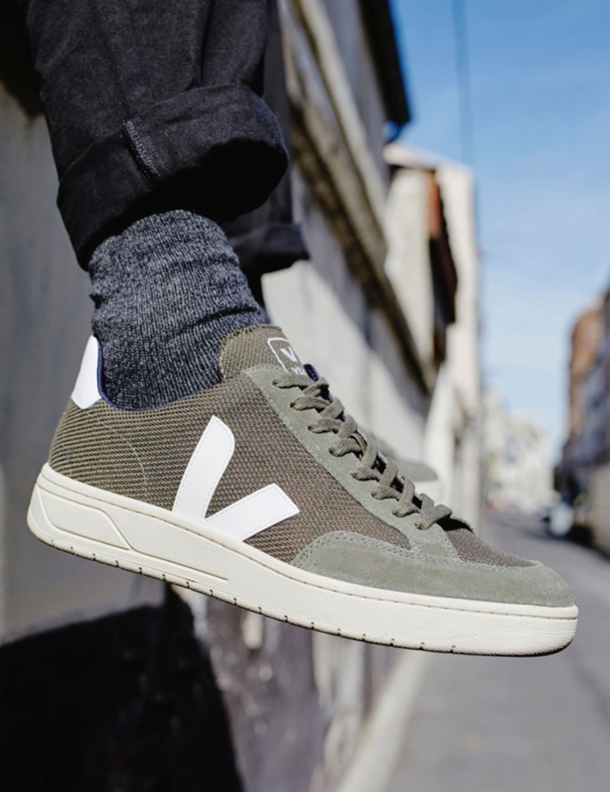 Veja V12 Sneaker B Mesh Olive White Vegan Suede Kempt Mens Clothing Athens GA UGA