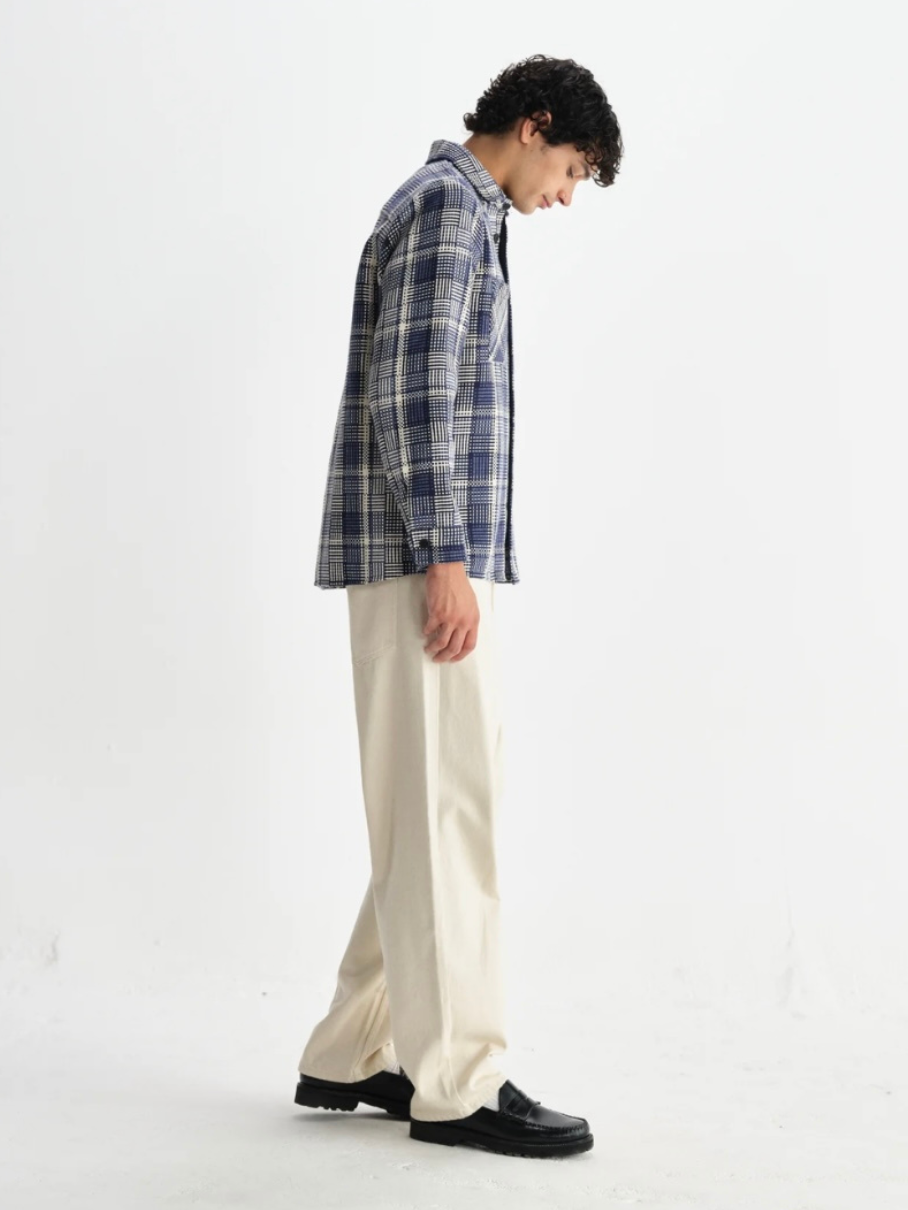 Wax London Whiting Overshirt Blu Ecru Plaid Pattern Basket Weave Outerwear Layer Fall Winter Men’s Tops for Men LS Long Sleeve Collared Button Up Athens GA Georgia Kempt Menswear Store Near Me