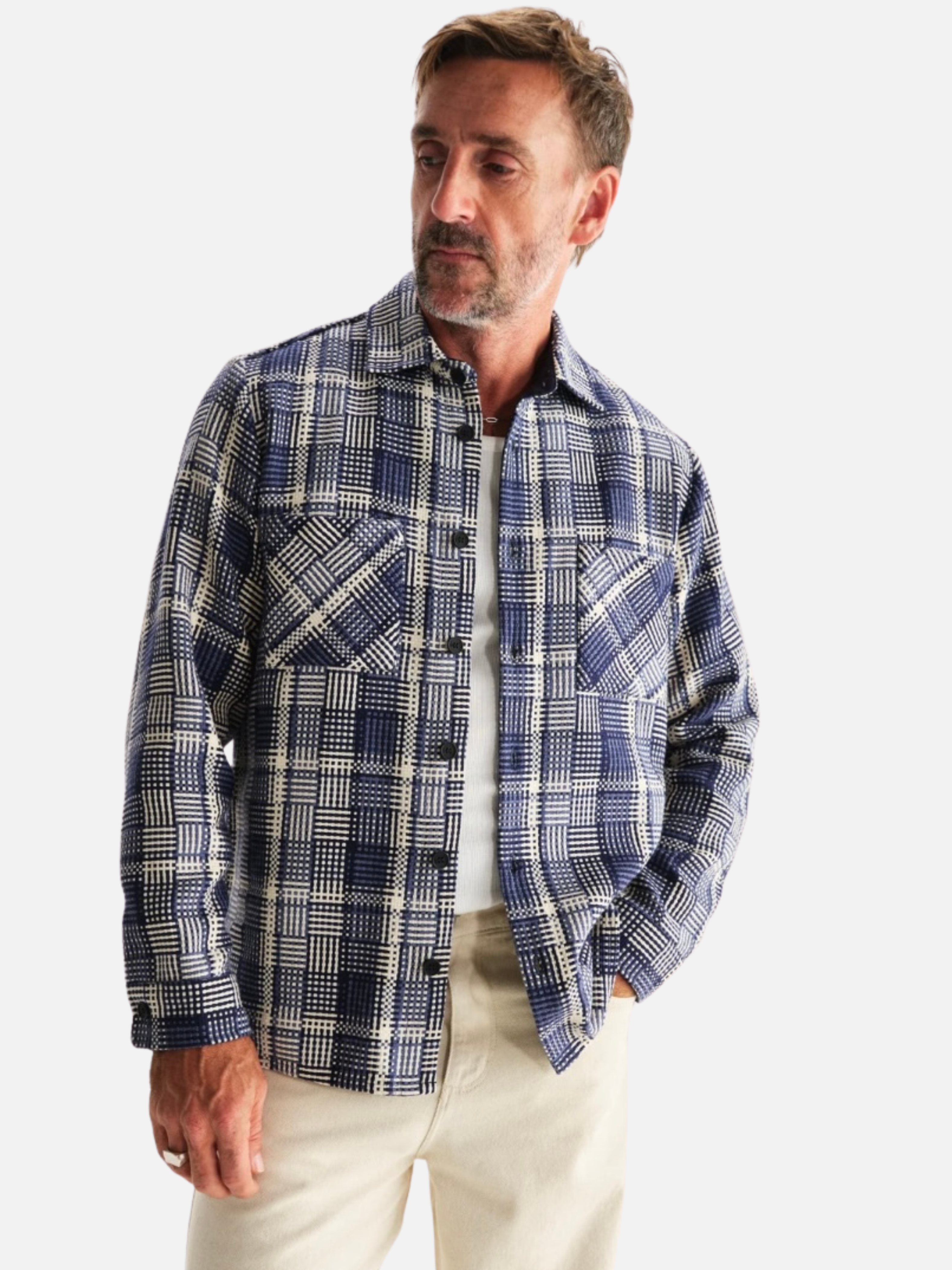 Wax London Whiting Overshirt Blu Ecru Plaid Pattern Basket Weave Outerwear Layer Fall Winter Men’s Tops for Men LS Long Sleeve Collared Button Up Athens GA Georgia Kempt Menswear Store Near Me