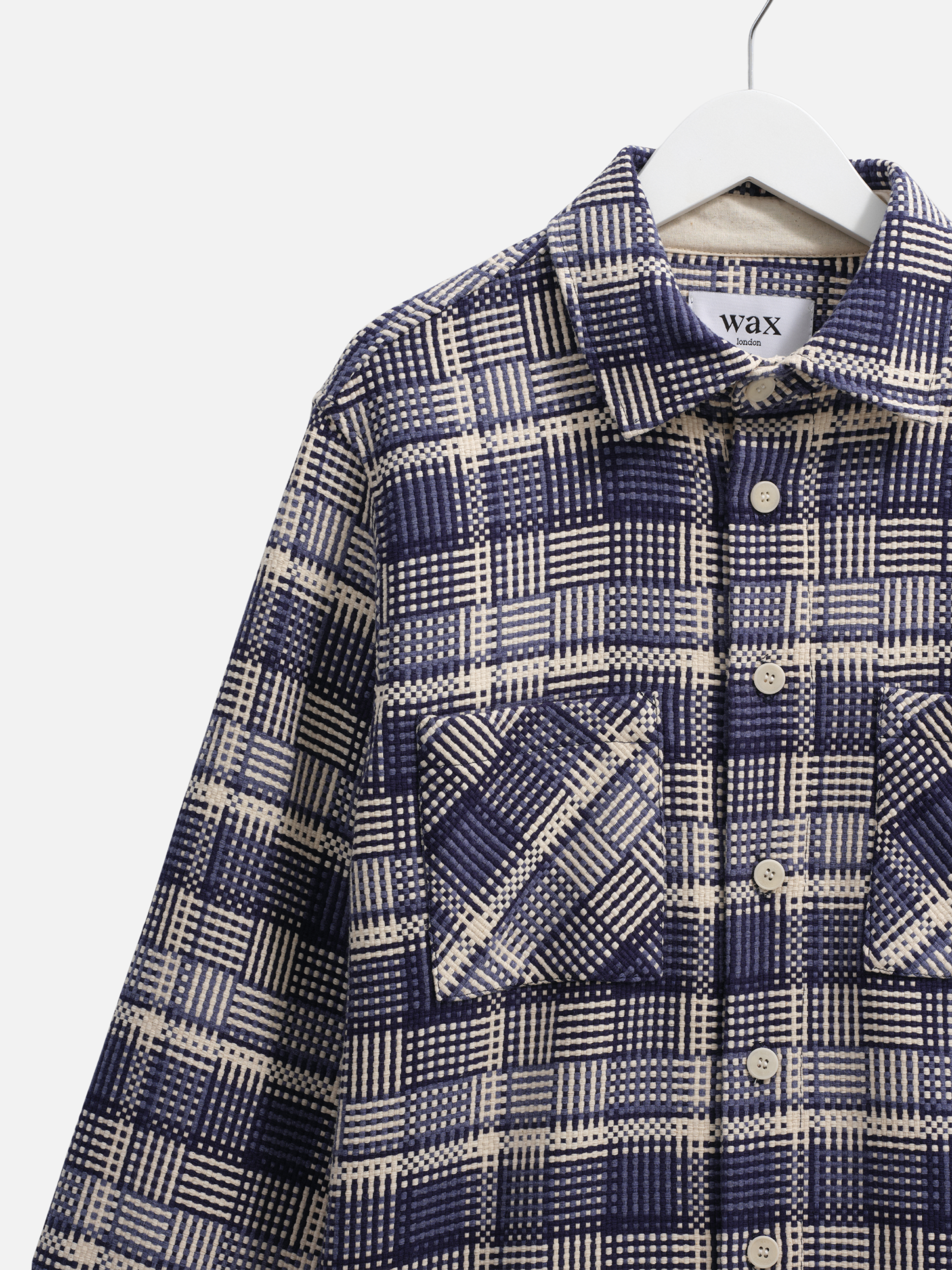 Wax London Whiting Overshirt Blu Ecru Plaid Pattern Basket Weave Outerwear Layer Fall Winter Men’s Tops for Men LS Long Sleeve Collared Button Up Athens GA Georgia Kempt Menswear Store Near Me