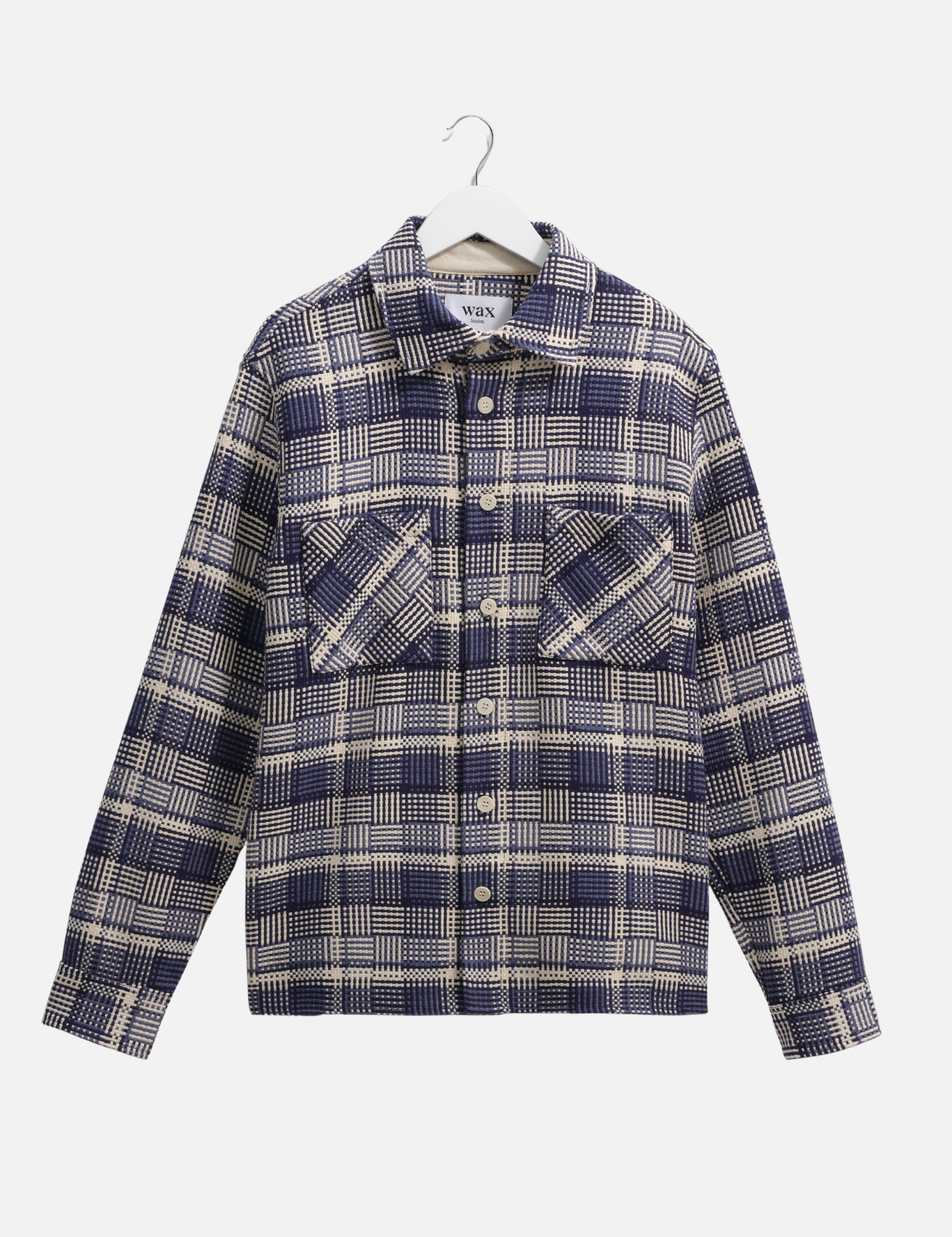 Wax London Whiting Overshirt Blu Ecru Plaid Pattern Basket Weave Outerwear Layer Fall Winter Men’s Tops for Men LS Long Sleeve Collared Button Up Athens GA Georgia Kempt Menswear Store Near Me