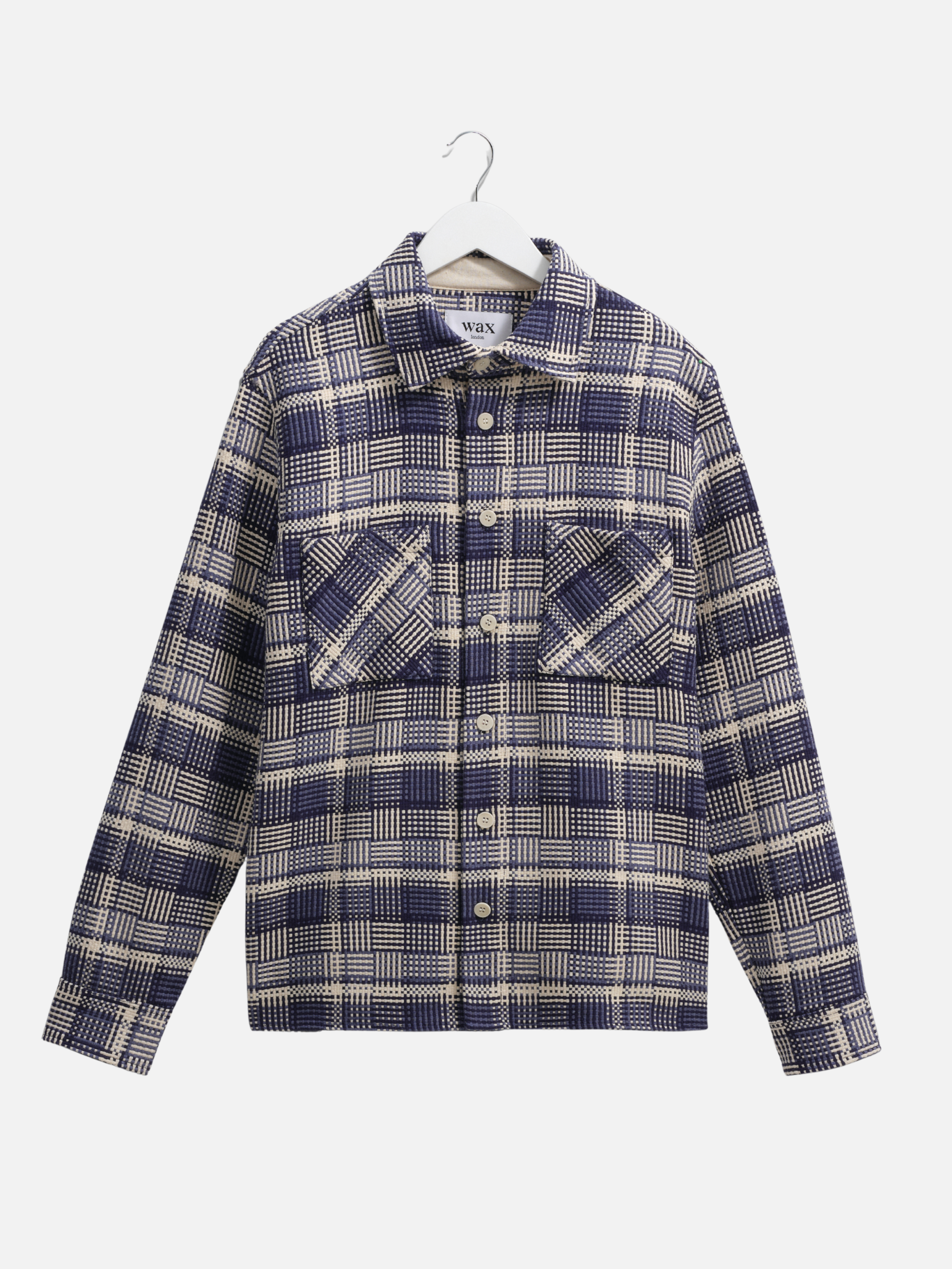 Wax London Whiting Overshirt Blu Ecru Plaid Pattern Basket Weave Outerwear Layer Fall Winter Men’s Tops for Men LS Long Sleeve Collared Button Up Athens GA Georgia Kempt Menswear Store Near Me
