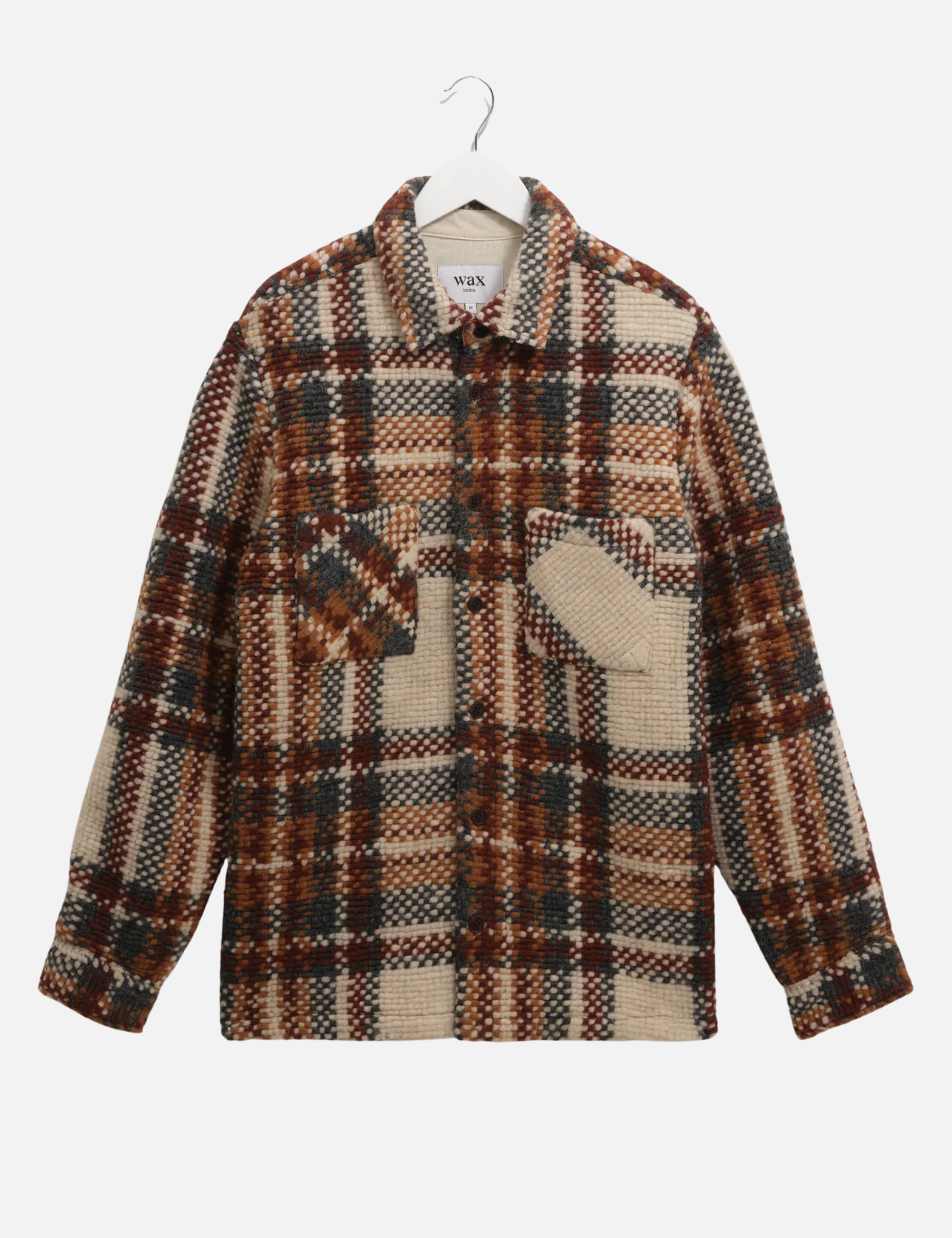 Wax London Whiting Overshirt Wool Blend Bobble Textured Collared LS Long Sleeve Top for Men Outerwear Tops Ecru Multi Brown Orange Taupe Plaid Pattern Fall Winter	Athens GA Georgia Kempt Menswear Store Near Me