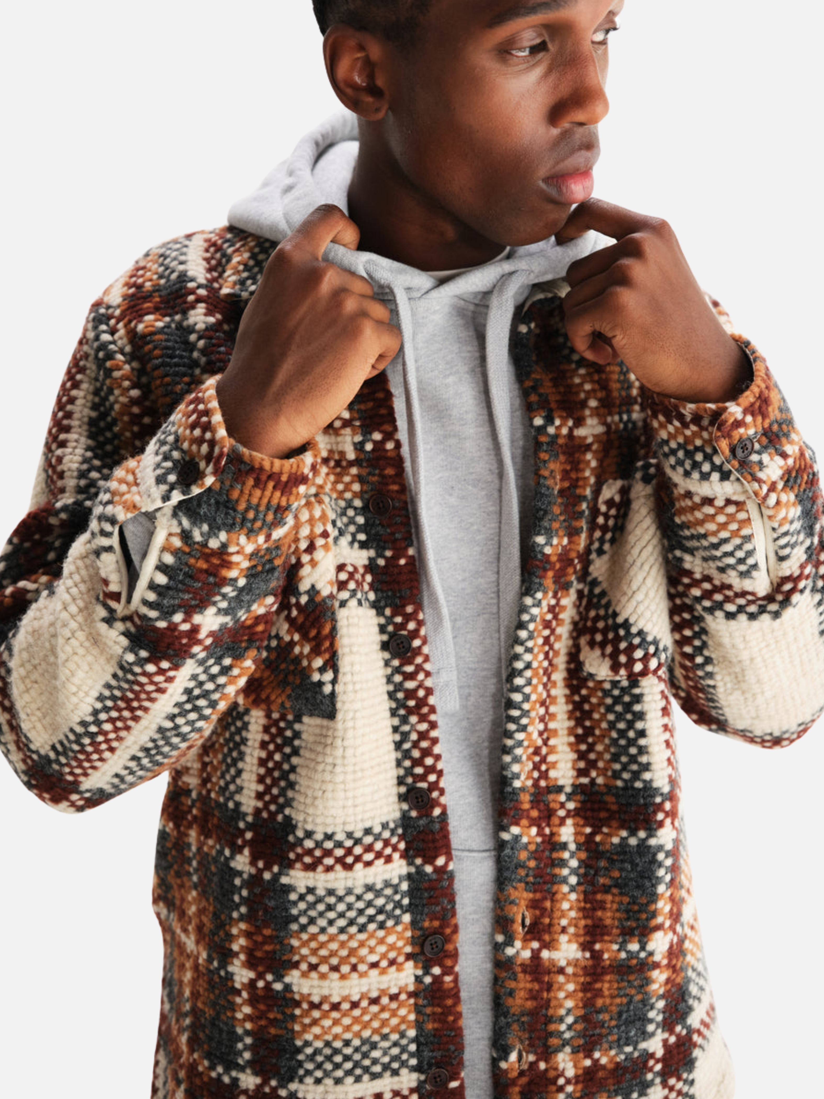 Wax London Whiting Overshirt Wool Blend Bobble Textured Collared LS Long Sleeve Top for Men Outerwear Tops Ecru Multi Brown Orange Taupe Plaid Pattern Fall Winter	Athens GA Georgia Kempt Menswear Store Near Me