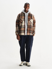 Wax London Whiting Overshirt Wool Blend Bobble Textured Collared LS Long Sleeve Top for Men Outerwear Tops Ecru Multi Brown Orange Taupe Plaid Pattern Fall Winter	Athens GA Georgia Kempt Menswear Store Near Me