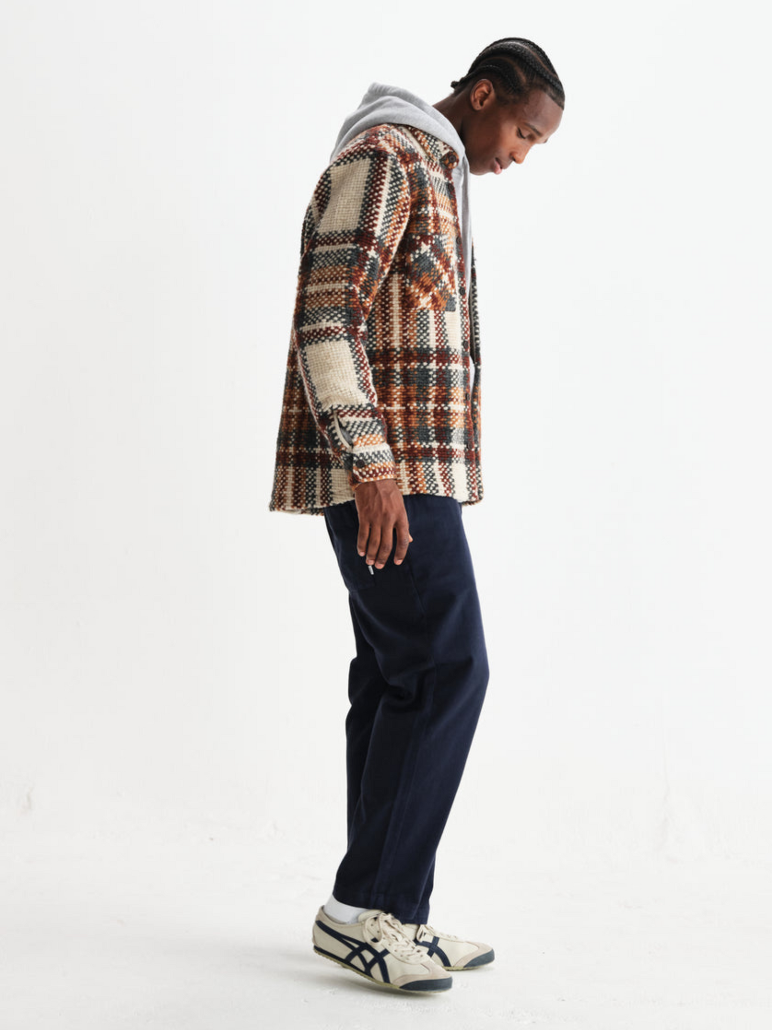 Wax London Whiting Overshirt Wool Blend Bobble Textured Collared LS Long Sleeve Top for Men Outerwear Tops Ecru Multi Brown Orange Taupe Plaid Pattern Fall Winter	Athens GA Georgia Kempt Menswear Store Near Me