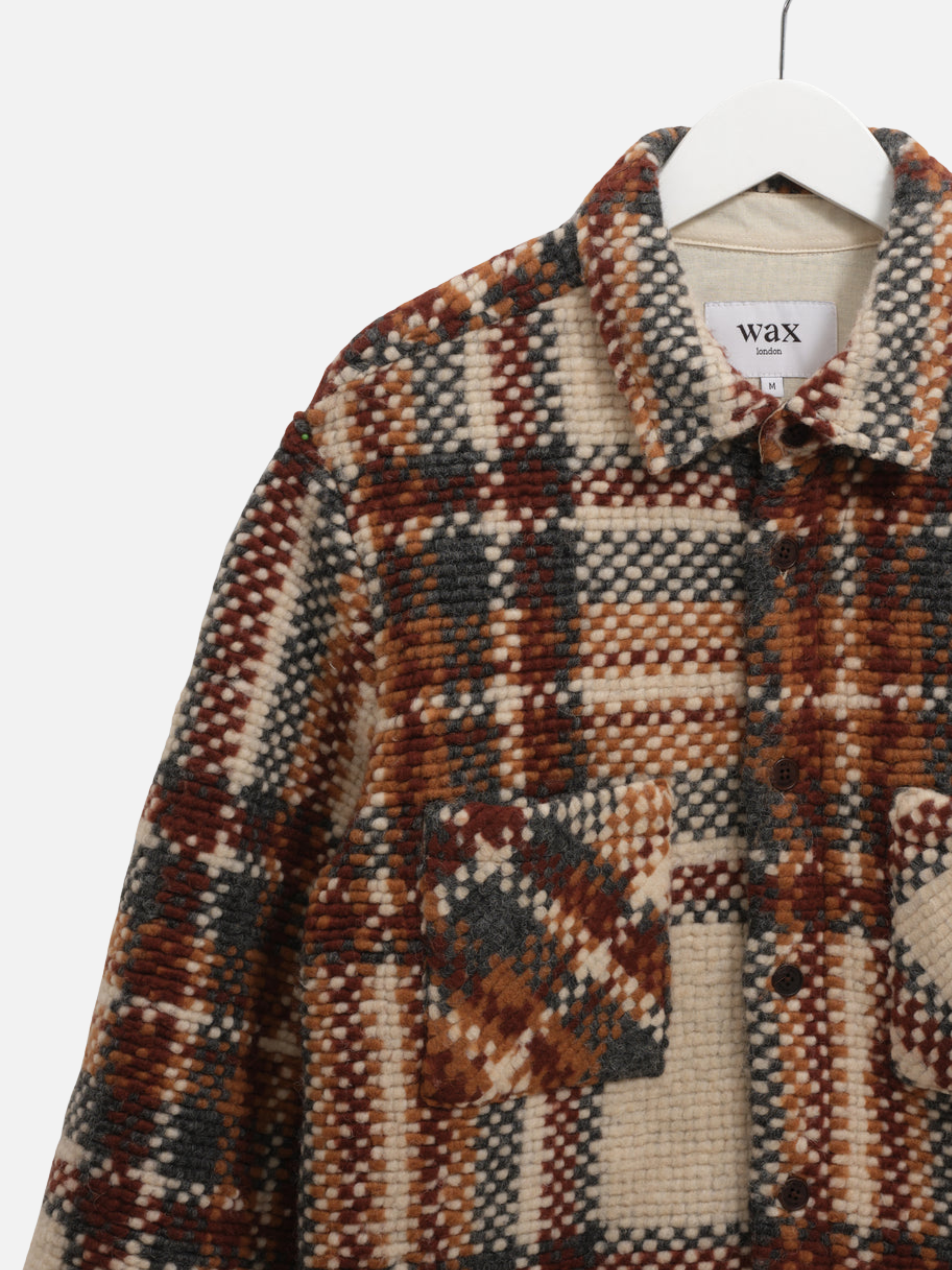 Wax London Whiting Overshirt Wool Blend Bobble Textured Collared LS Long Sleeve Top for Men Outerwear Tops Ecru Multi Brown Orange Taupe Plaid Pattern Fall Winter	Athens GA Georgia Kempt Menswear Store Near Me